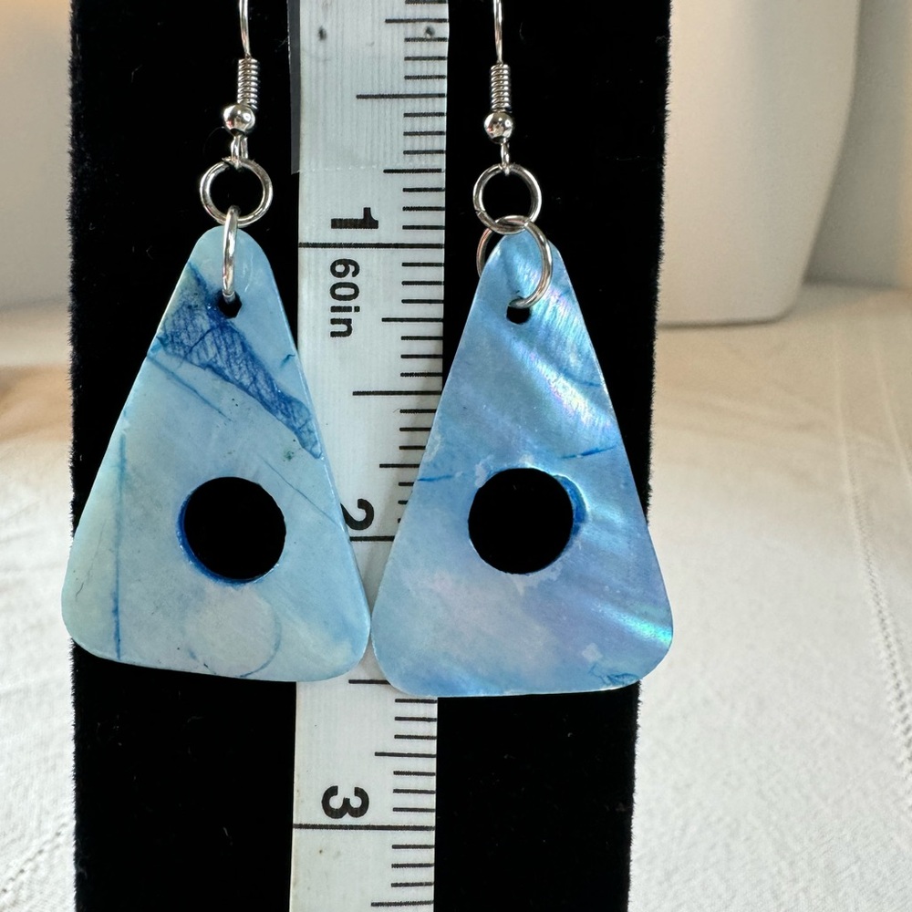 Earrings pierced multi tone blue triangle looks like sea shell 2.5”